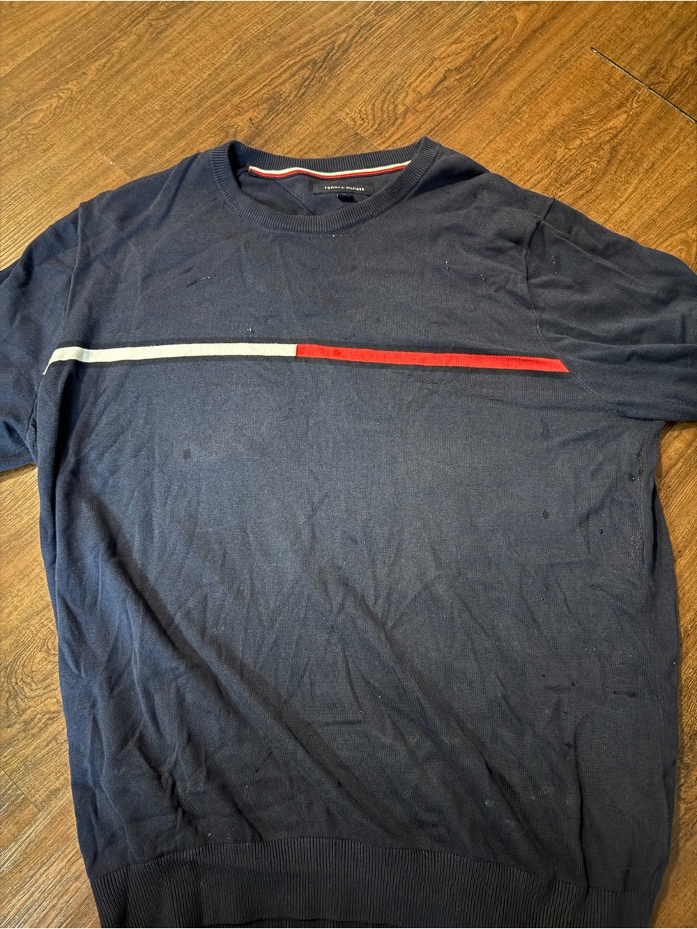 Tommy Hilfiger Navy Crewneck Sweater with Red & White Chest Stripe